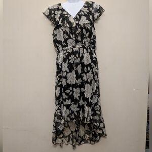 Time To Bloom Floral Black, White And Gold Chiffon Ruffle Hi-low Dress L